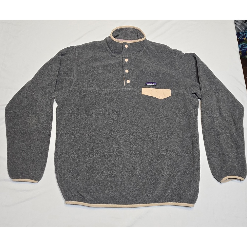 Patagonia Synchilla Fleece Snap Pullover Sweater Gray/Tan Womens L Mock Neck